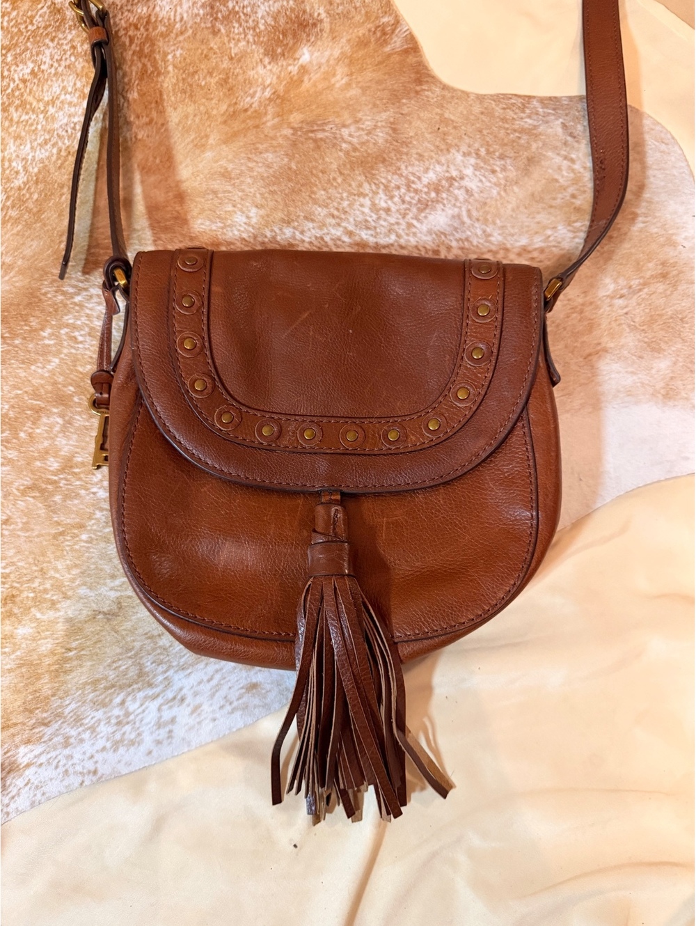 Fossil Emi Leather Saddle Crossbody Bag with Tassels - Cognac/Brown